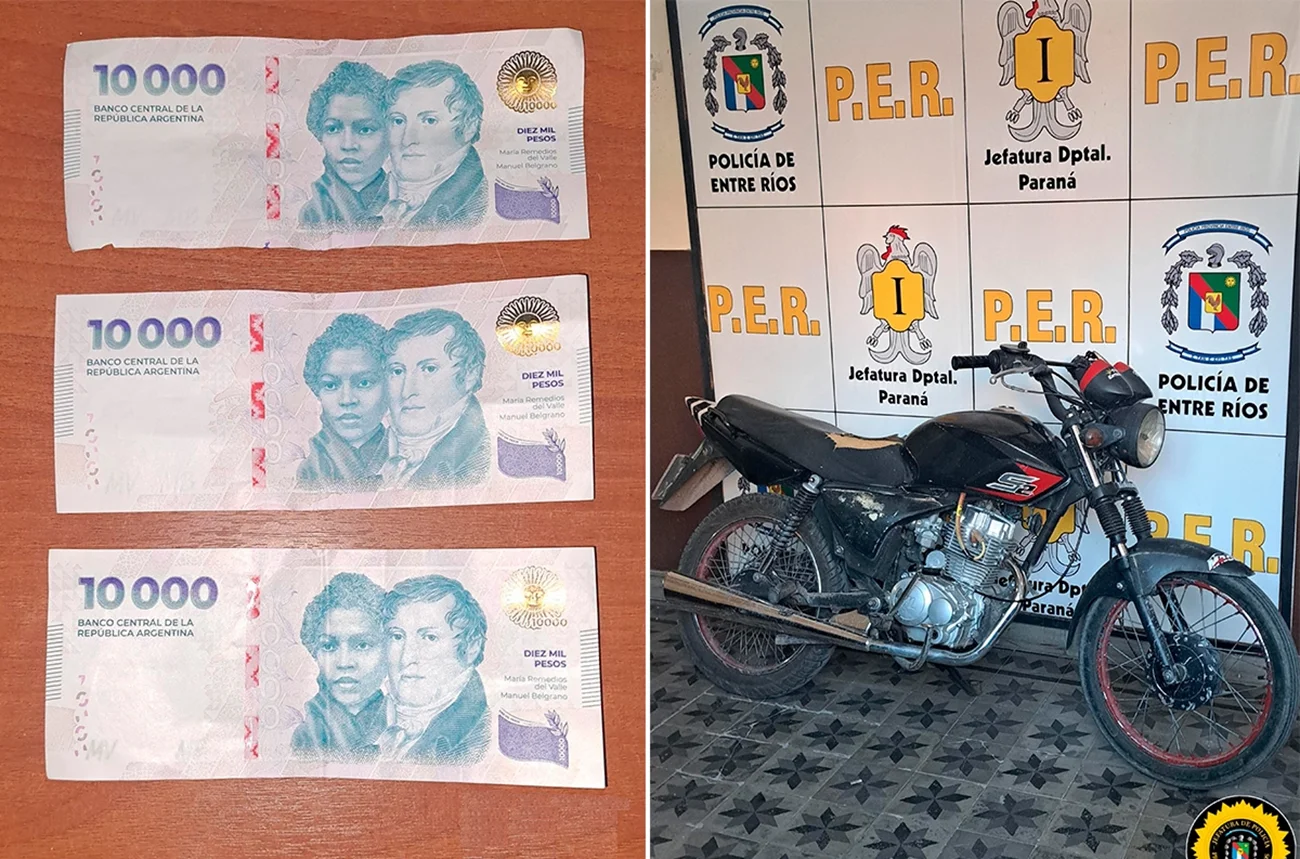 El dinero recuperado y la moto secuestrada