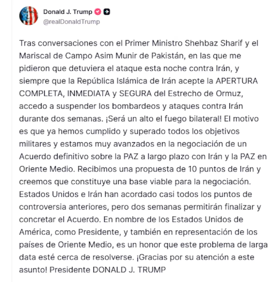 <i>Trump anuncia la suspensi&oacute;n de ataques contra Ir&aacute;n y el progreso hacia un acuerdo de paz a largo plazo</i>