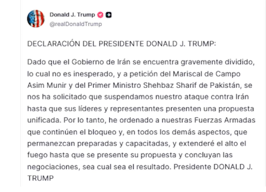 <i>Trump public&oacute; una declaraci&oacute;n en la que anunci&oacute; la extensi&oacute;n del alto el fuego con Ir&aacute;n</i>